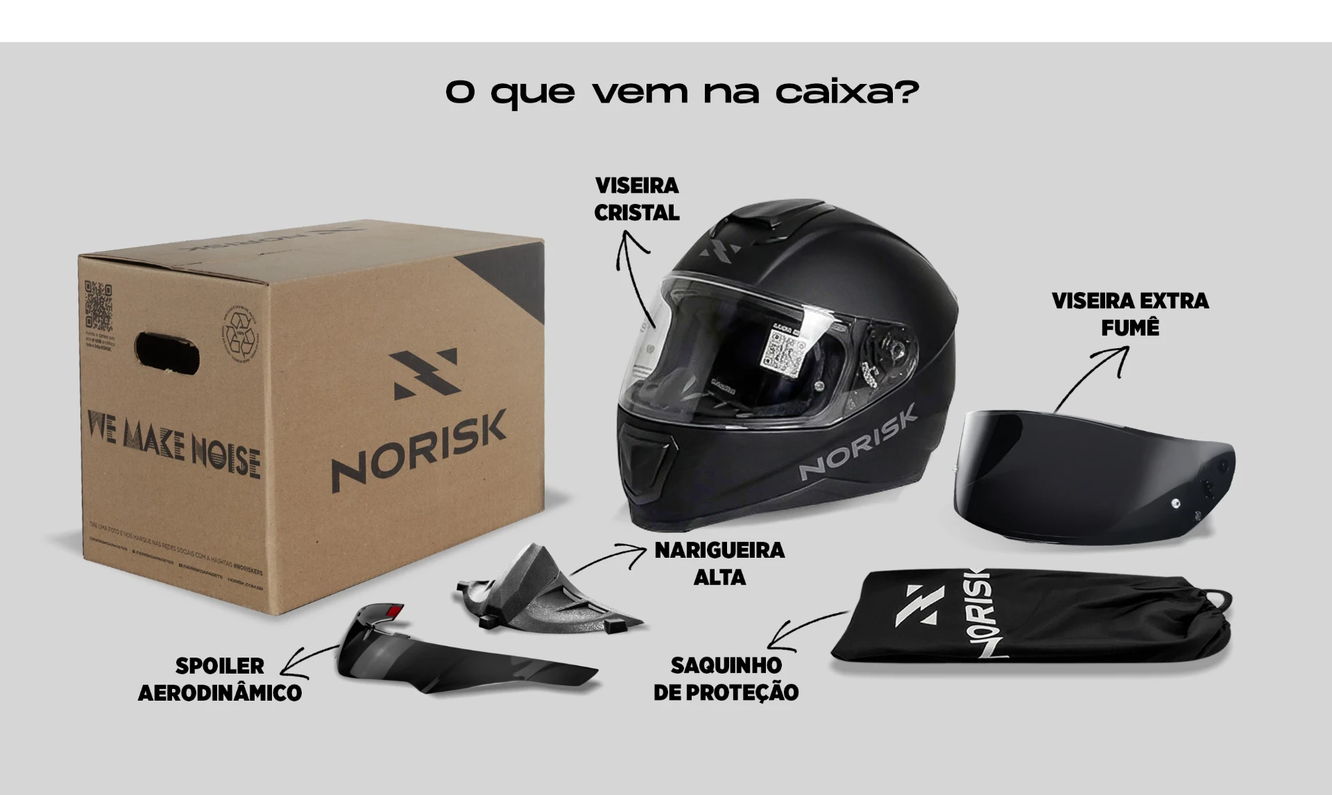 O que vem na caixa: viseira cristal, viseira extra fumê, narigueira alta, spoiler aerodinâmico e saquinho de proteção