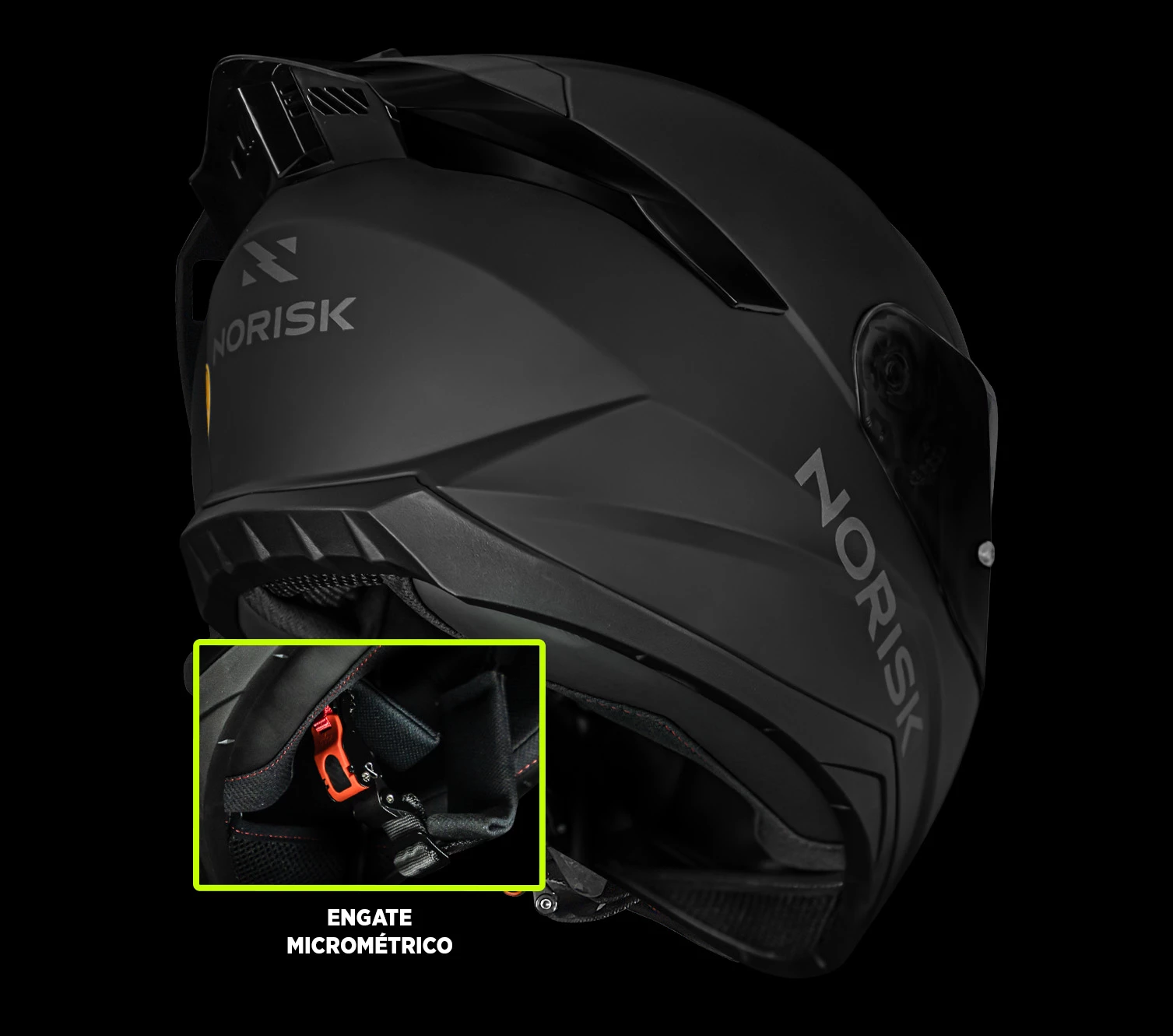 Vista traseira do capacete Norisk Razor destacando o engate micrométrico da cinta jugular