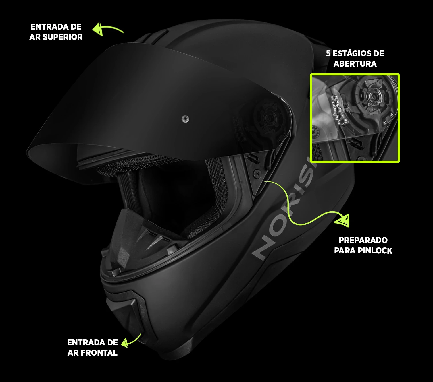 Vista frontal do capacete Norisk Razor com entradas de ar superior e frontal, 5 estágios de abertura da viseira e preparo para Pinlock